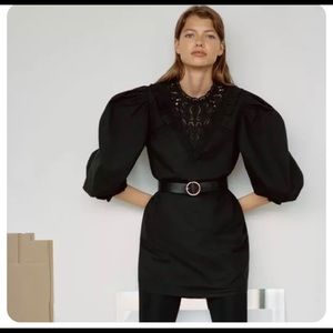 ZARA NEW VOLUMINOUS POPLIN DRESS BLACK Short dress with round neckline Xs